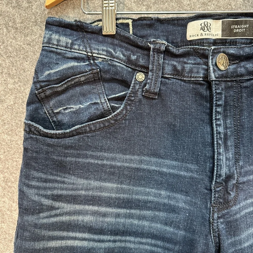 Rock and Republic Jeans Mens 36 Straight Dark‎ Blue Distressed Embroidery EUC